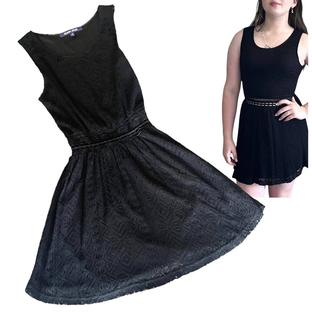 Ocean Drive Black Lace Sun DRESS Small Womens Tank Fit Flare Sleeveless Mob Wife